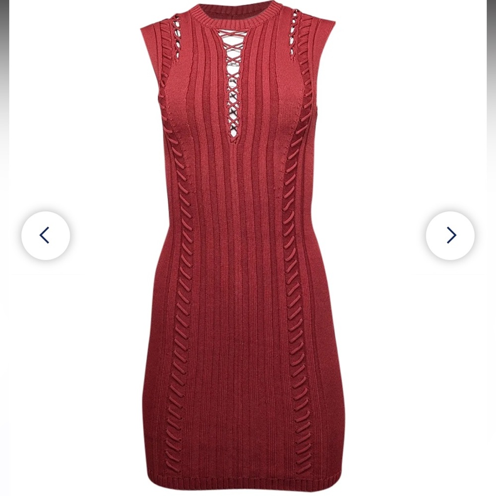 Ronny Kobo lace up cut out knit mini dress bodycon xs deep red